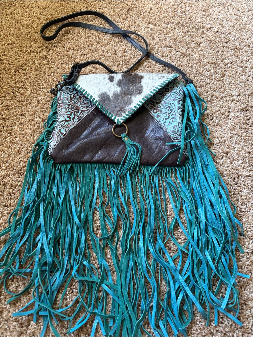 Myra Bag Turquoise and Brown Tooled Leather Fringe Crossbody